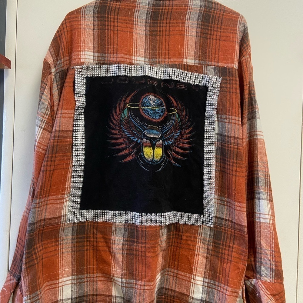 Orange and Brown Plaid Flannel Shirt XXL W Journey Graphic on back